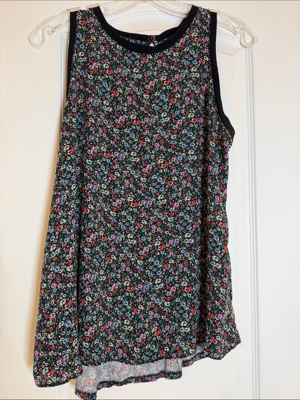 LOFT Black Floral Shirt with Pink & Blue Accents